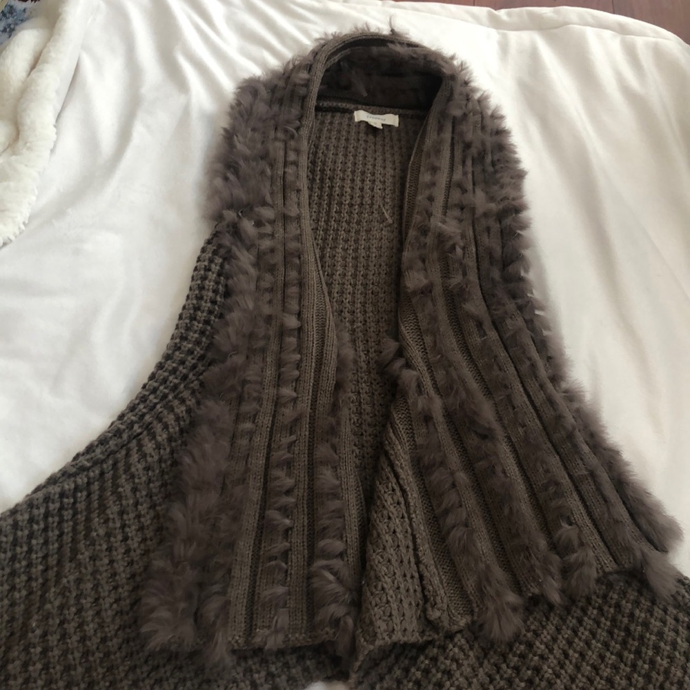 Brown Knit Wrap Vest Size S w Faux Fur Collar